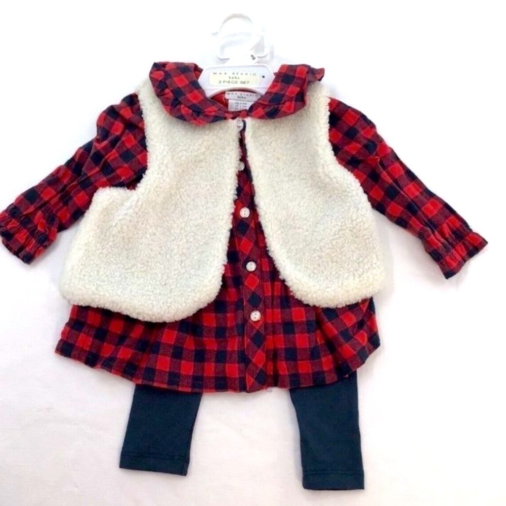 Max Studio Kids 3pcSet 5T buffalo plaid, top leggings, and fuzzy vest NWT